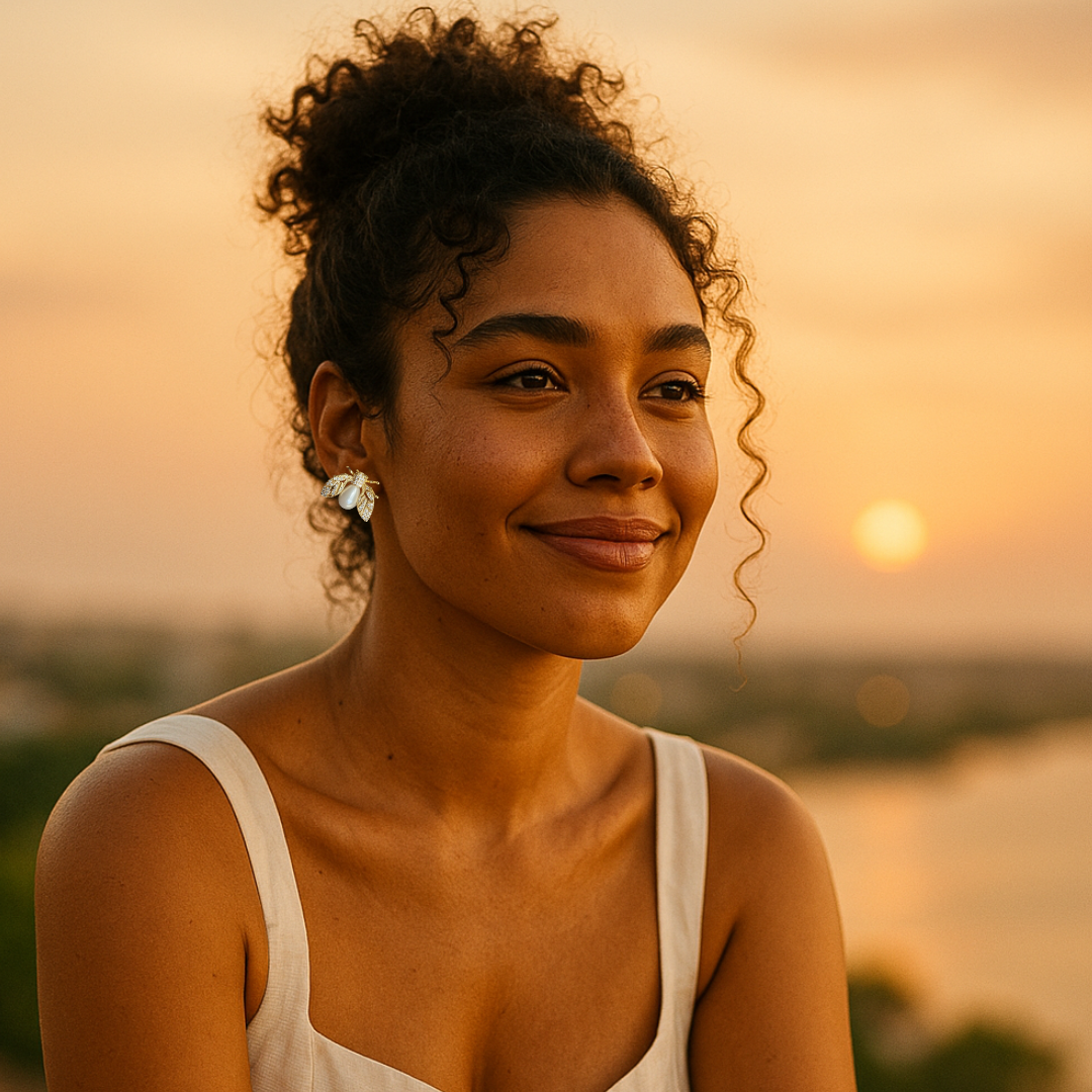 Alas de Miel™ — Aretes en Covergold con perla y piedras tipo circonias